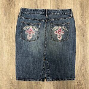 Vintage The Limited Size 6 Jean Skirt Denim Y2K Embroidered Floral Beaded Pocket
